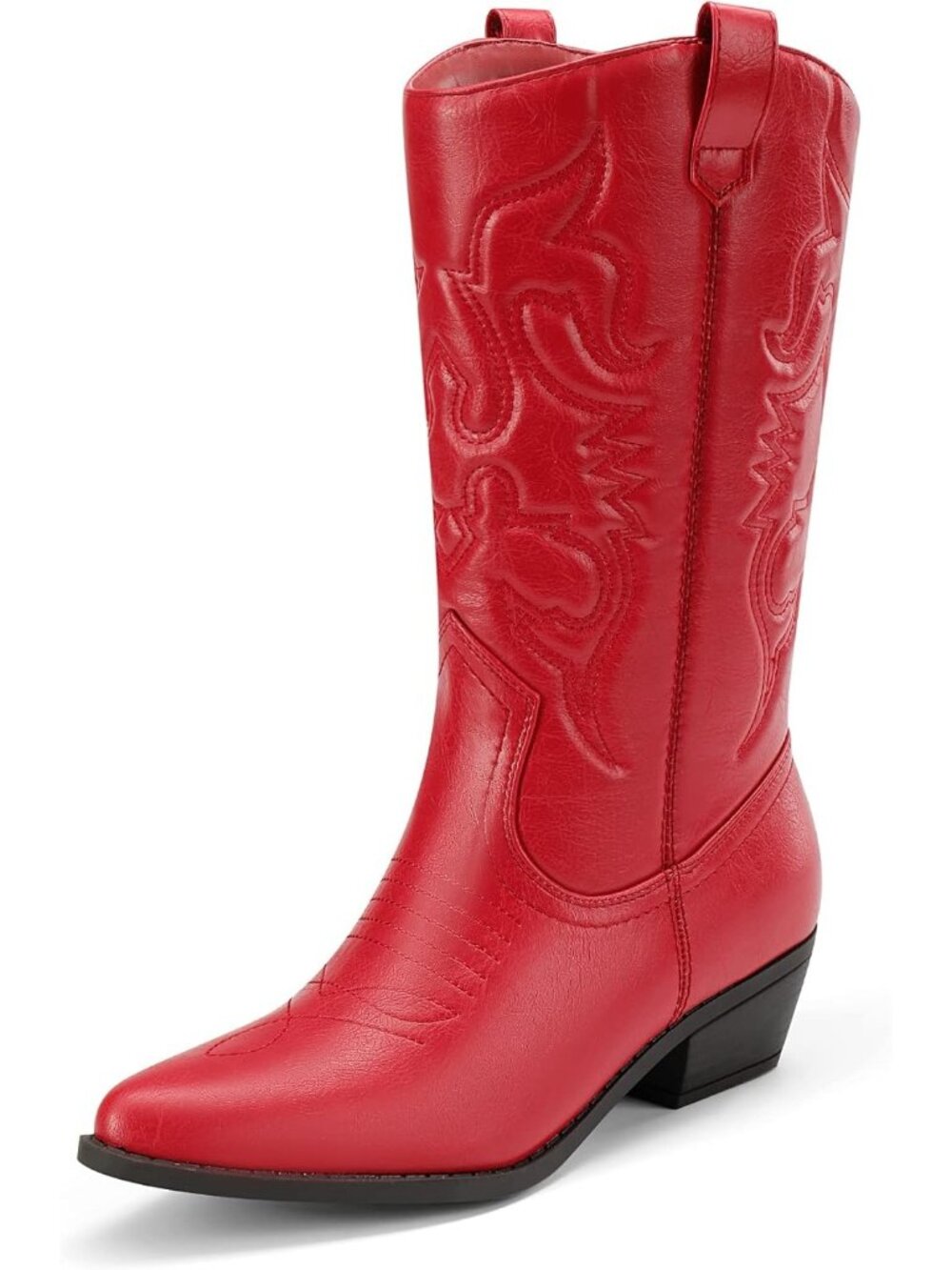 Women's Red Faux Leather Mid Calf Classic Comfort Boots